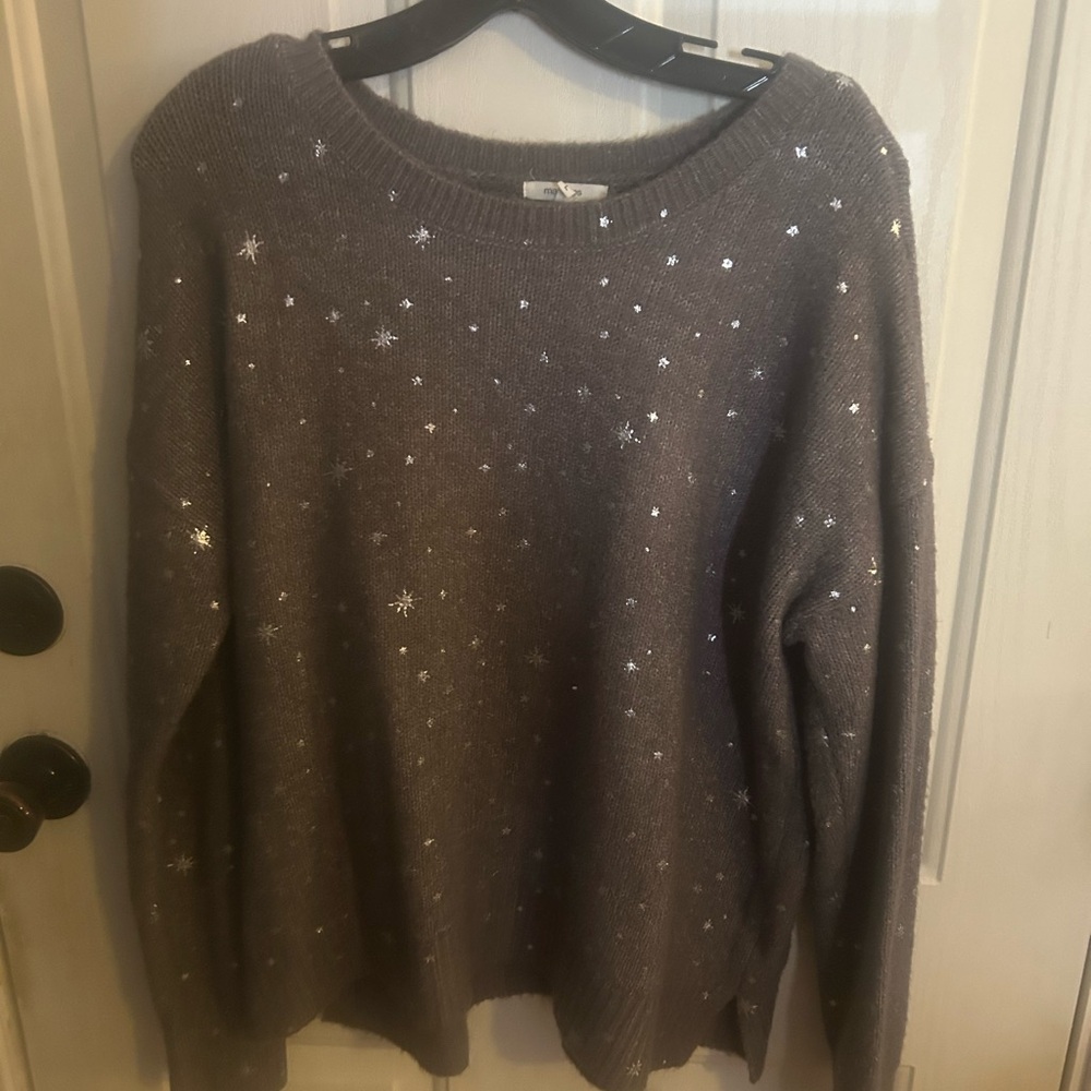 Maurices Taupe Crewneck Sweater with Star Sequin Accents
